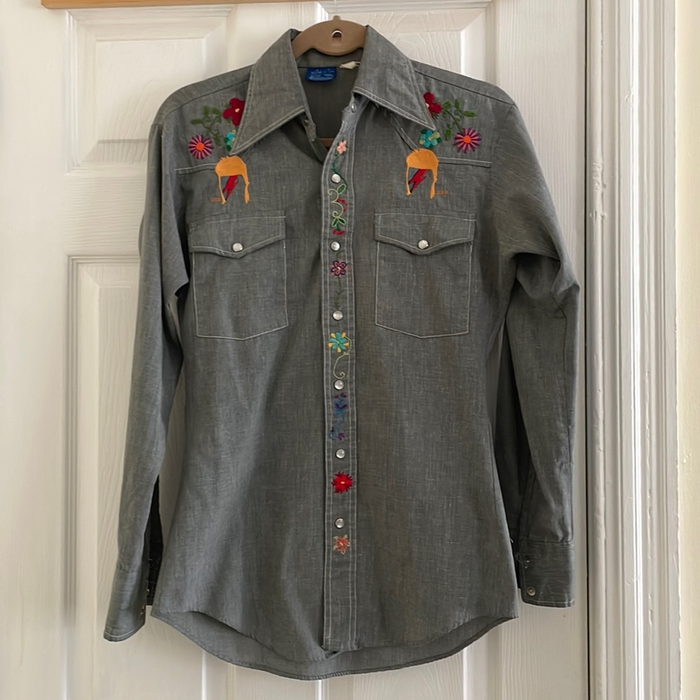 Vintage pearl snap shirt with embroidered flowers and Ziggy Stardust Bowie.